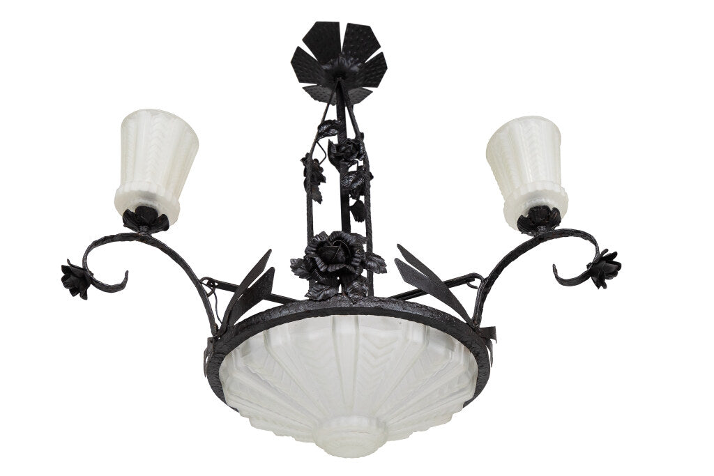 Molded Glass and Painted Iron Art Deco Three Arm Seven Light Cha Default
