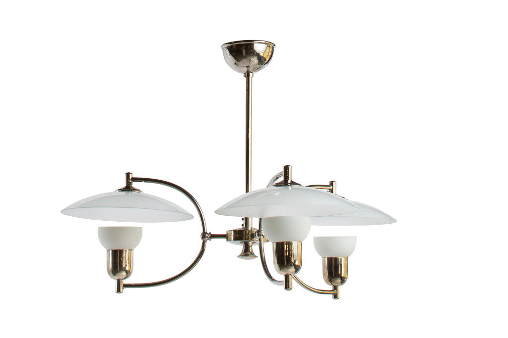 Opaline Glass And Nickeled Brass Three Light Chandelier By "VOSS Default