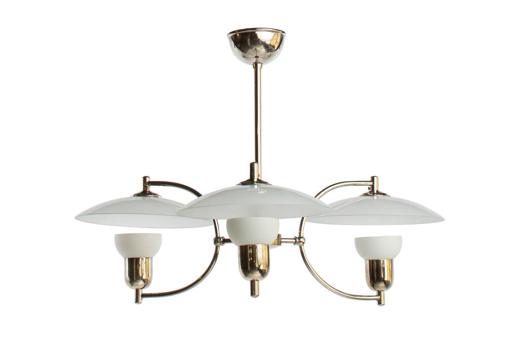 Opaline Glass And Nickeled Brass Three Light Chandelier By "VOSS Default