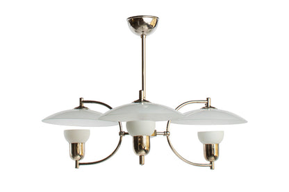 Opaline Glass And Nickeled Brass Three Light Chandelier By "VOSS Default