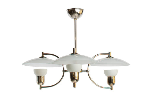 Opaline Glass And Nickeled Brass Three Light Chandelier By "VOSS Default