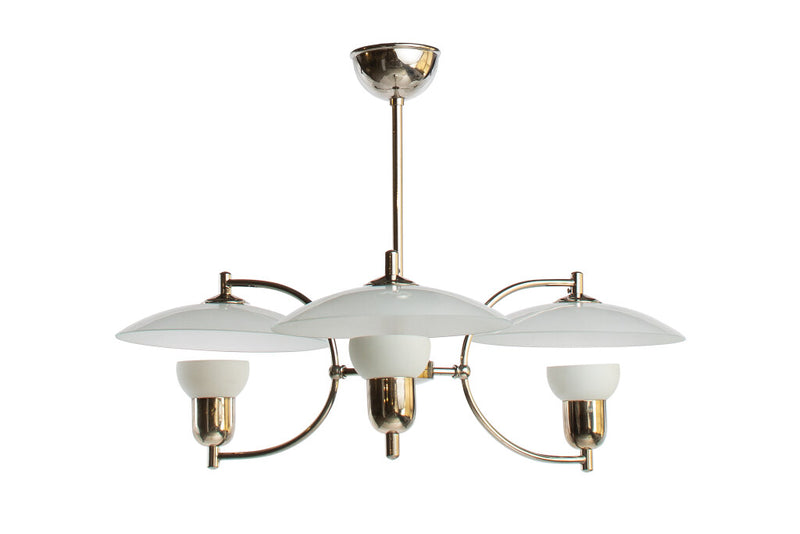 Opaline Glass And Nickeled Brass Three Light Chandelier By 
