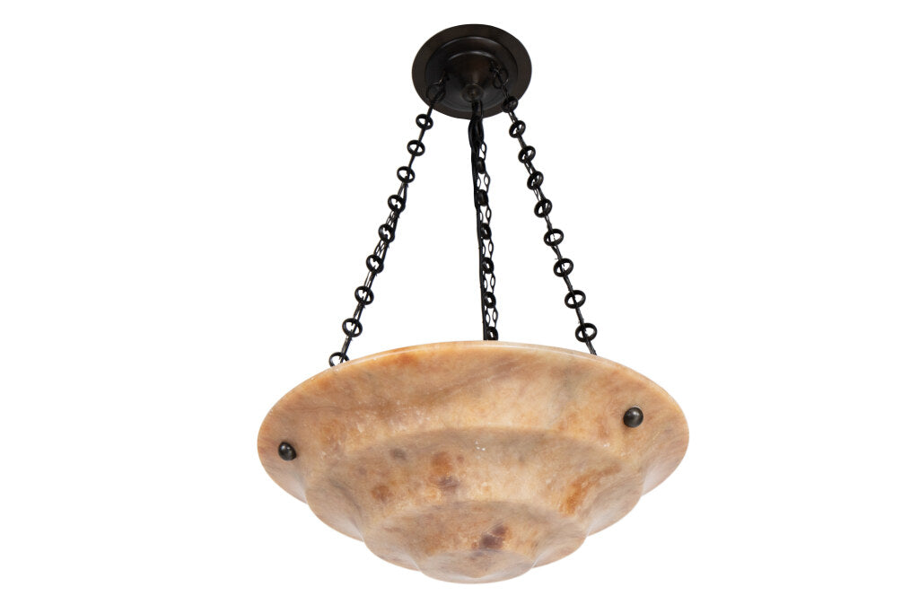 Hand Carved Alabaster Art Deco Three Light Pendant, France Early Default