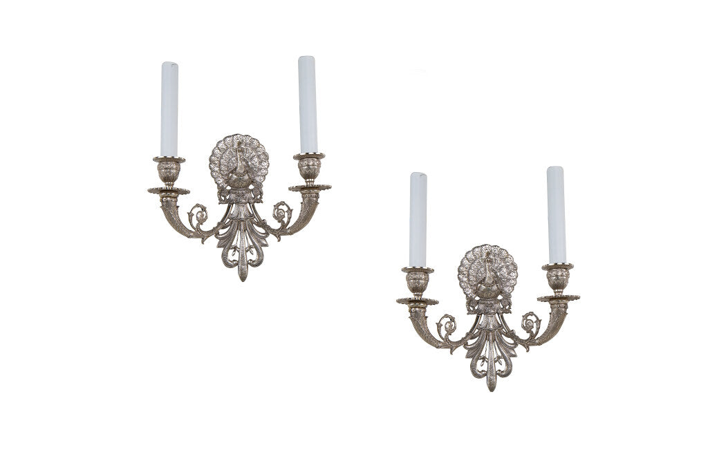 Silvered Bronze Two Light Peacock Motif Sconces, France 20th Cen Default