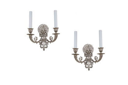 Silvered Bronze Two Light Peacock Motif Sconces, France 20th Cen Default