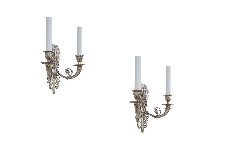 Silvered Bronze Two Light Peacock Motif Sconces, France 20th Cen Default
