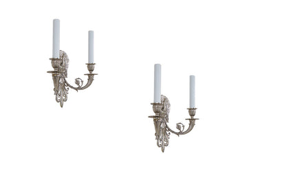 Silvered Bronze Two Light Peacock Motif Sconces, France 20th Cen Default