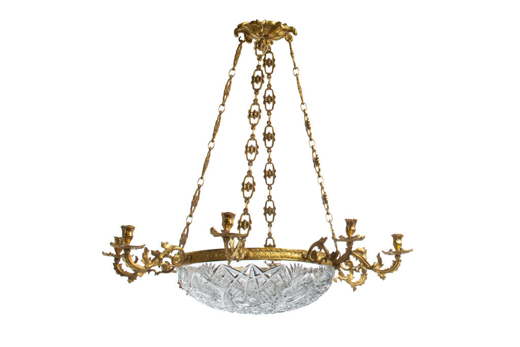 Gilt Bronze And Cut Crystal Bowl Eight Light Chandelier. Denmark Default