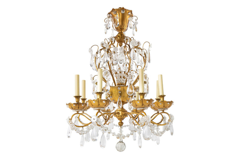 Gilt Bronze, Iron And Crystal Twelve Light Eight Arm Chandelier