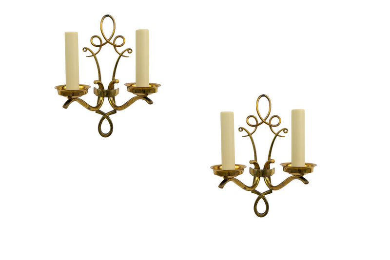 Polished Brass Scroll Backed  Two Light Sconces In The Manner Of