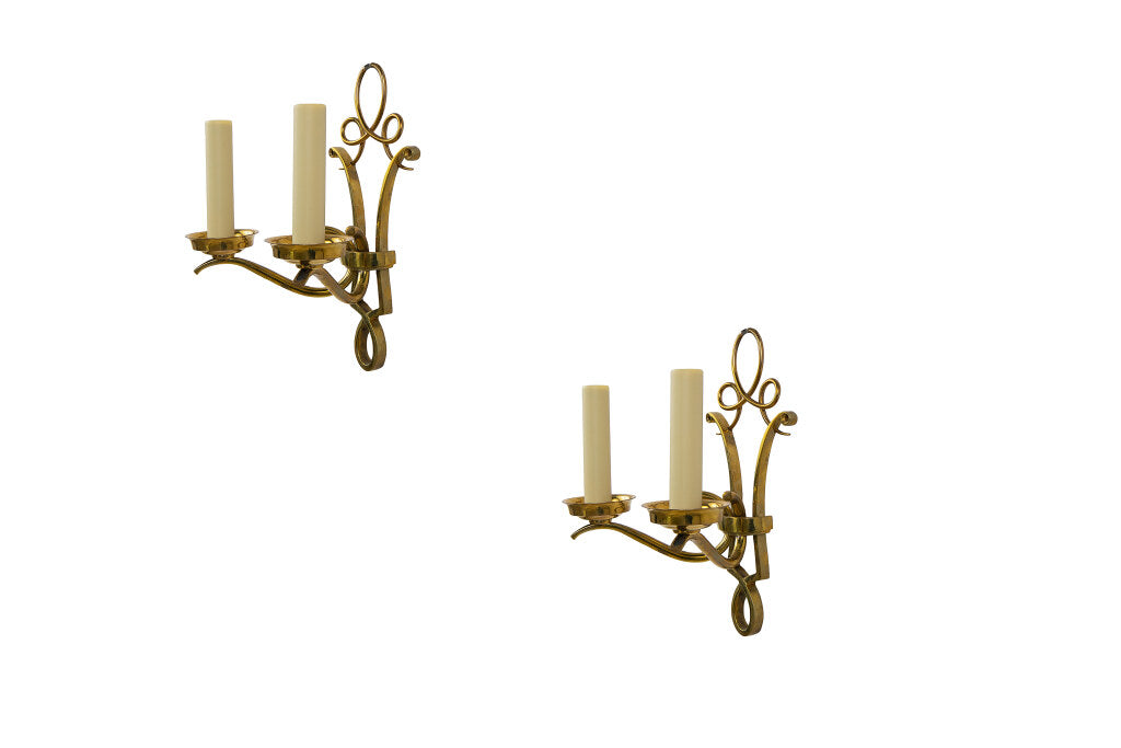 Polished Brass Scroll Backed  Two Light Sconces In The Manner Of Default