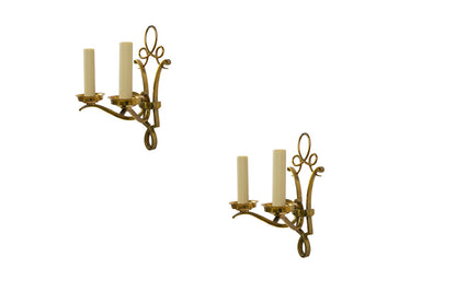 Polished Brass Scroll Backed  Two Light Sconces In The Manner Of Default