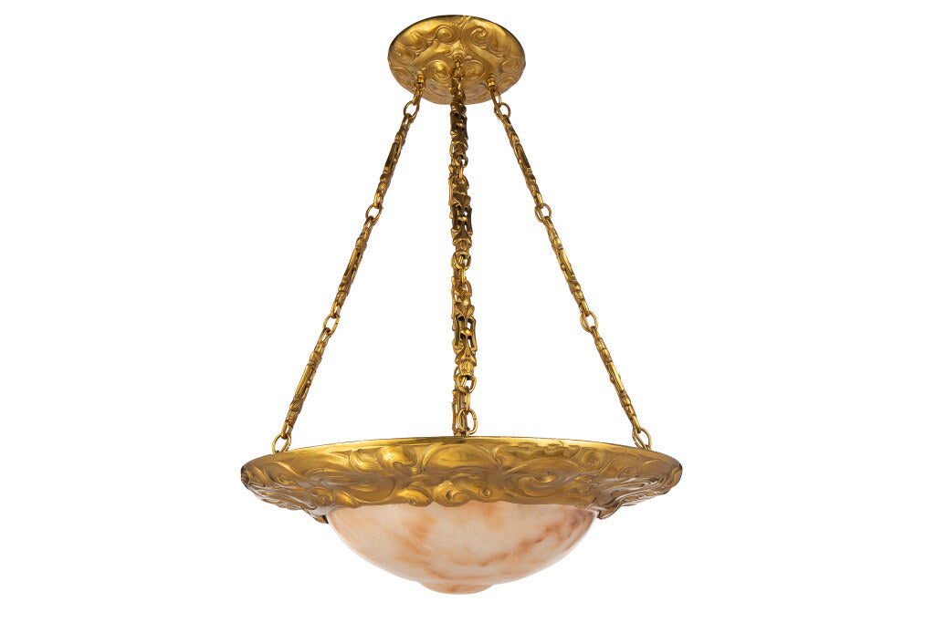 Hand Carved Alabaster And Gilt Iron Eight Light Pendant By "BIND Default