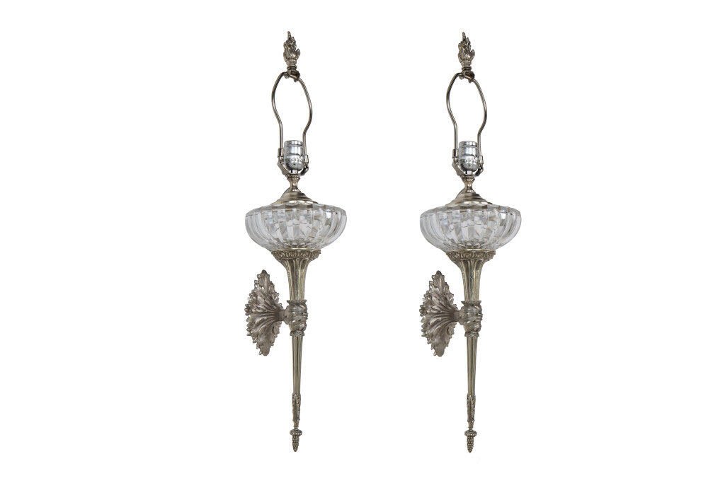 Silvered Bronze And Crystal One Light Torch Style Sconces, Franc Default