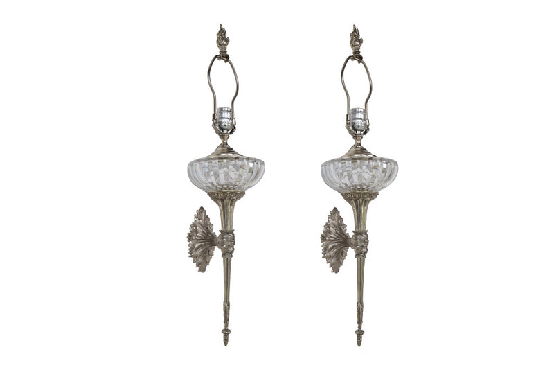 Silvered Bronze And Crystal One Light Torch Style Sconces, Franc