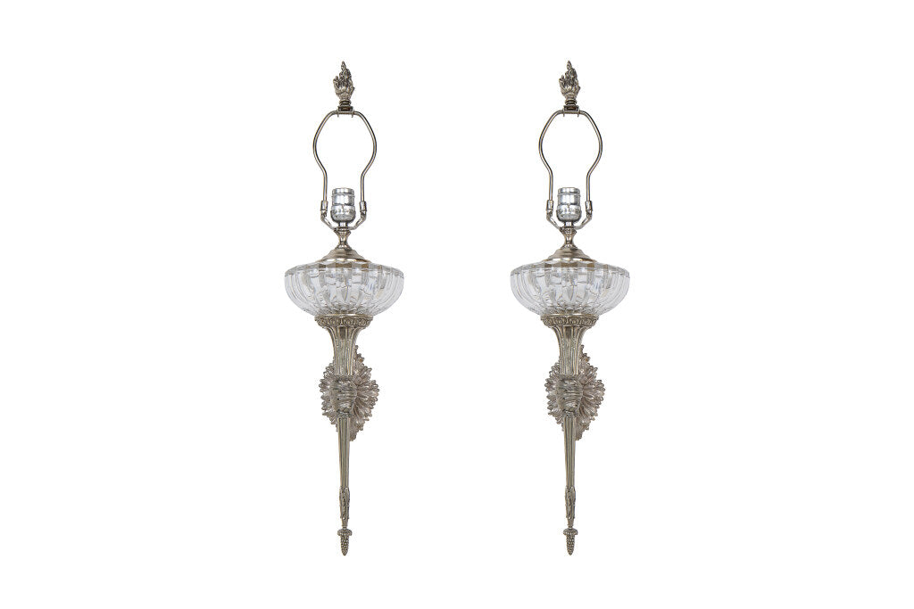 Silvered Bronze And Crystal One Light Torch Style Sconces, Franc Default