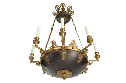 Gilt Bronze and Hammered Tole Eight Arm, Eleven Light Empire Sty