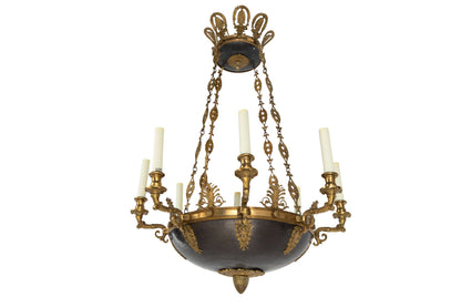 Gilt Bronze and Hammered Tole Eight Arm, Eleven Light Empire Sty