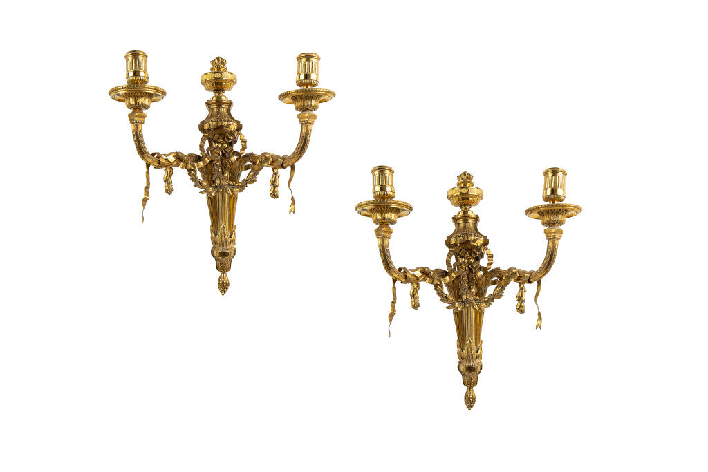 Gilt Bronze L. XVI Style Two Light Sconces With Draped Garland, Default