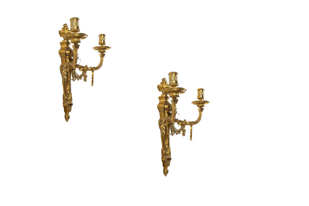 Gilt Bronze L. XVI Style Two Light Sconces With Draped Garland, Default