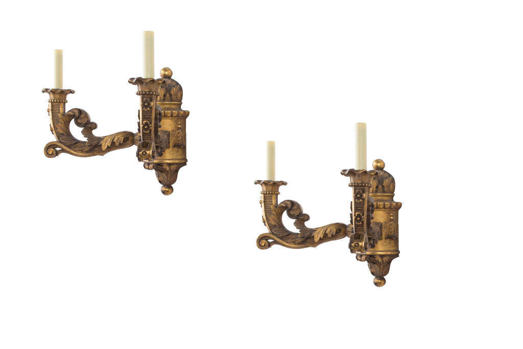 Giltwood And Gesso Two Light Sconces With Acanthus Decoration, E Default