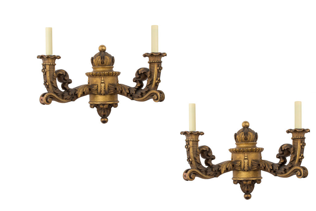 Giltwood And Gesso Two Light Sconces With Acanthus Decoration, E Default
