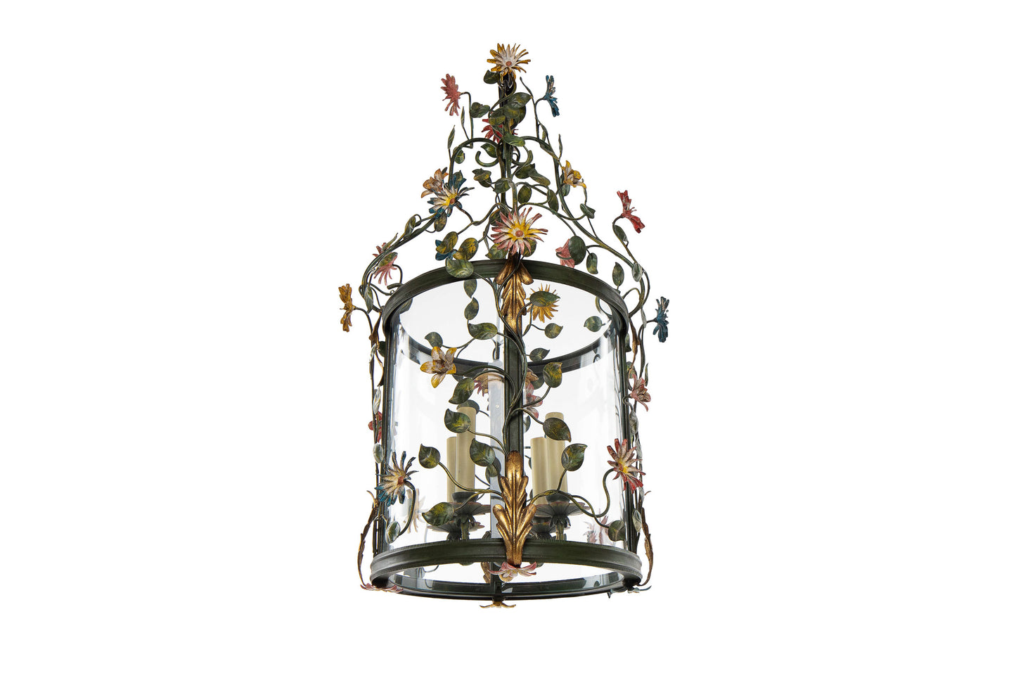 Polychrome Iron And Curved Paneled Glass Floral Motif Four Light