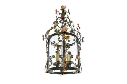 Polychrome Iron And Curved Paneled Glass Floral Motif Four Light