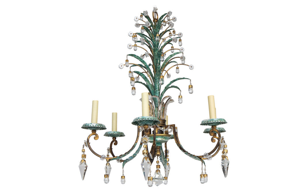 Polychrome, Gilt Iron and Crystal Palm Motif  Six Light Chandeli Default