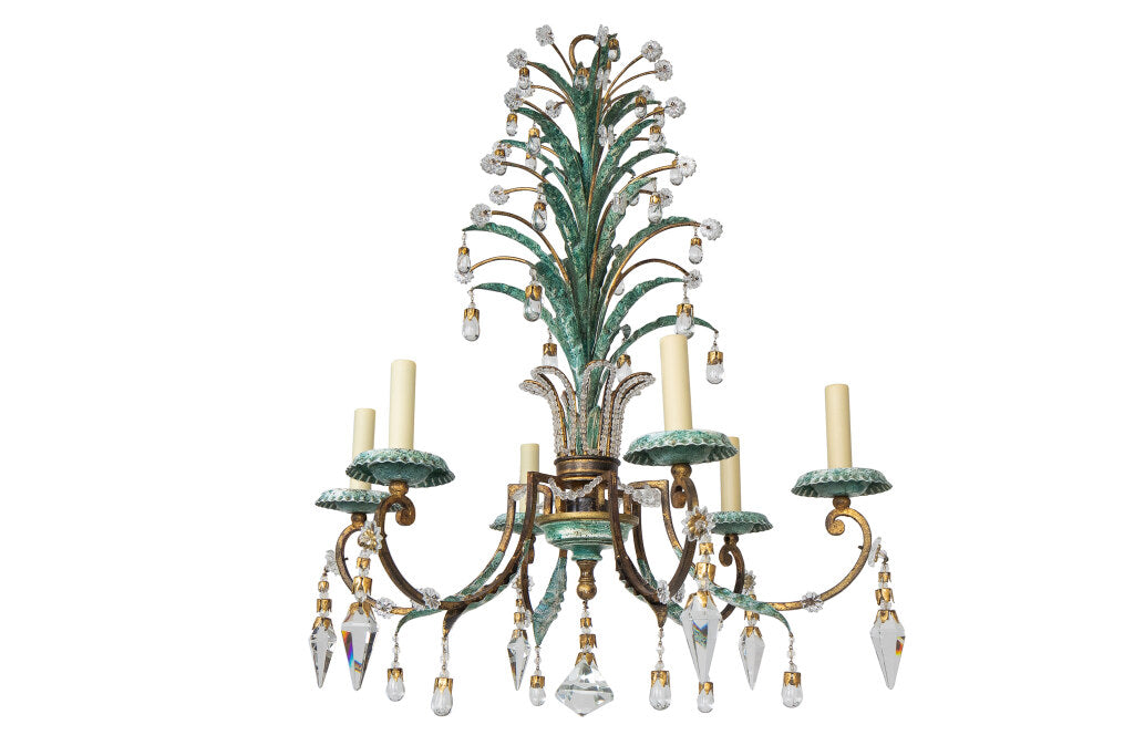 Polychrome, Gilt Iron and Crystal Palm Motif  Six Light Chandeli Default