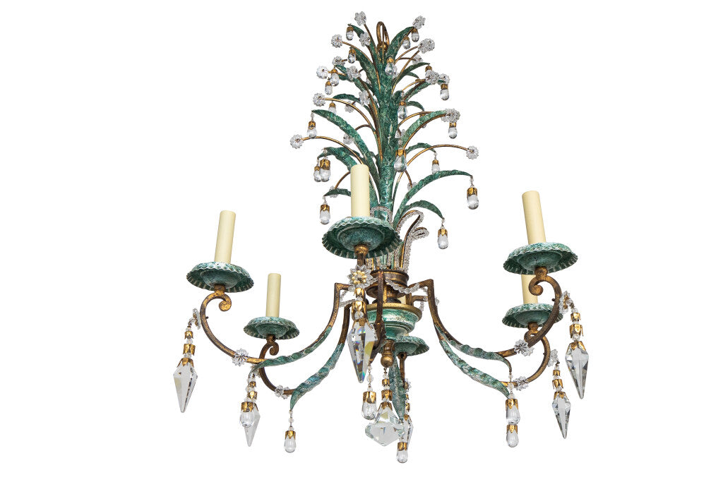 Polychrome, Gilt Iron and Crystal Palm Motif  Six Light Chandeli Default