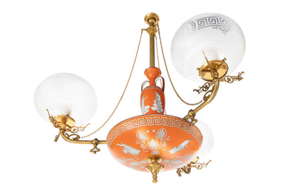 Decorated Minton Porcelain,  Brass And Etched Glass Three Light Default