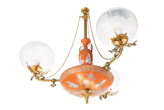 Decorated Minton Porcelain,  Brass And Etched Glass Three Light Default