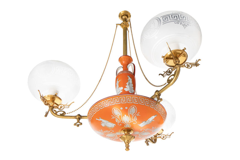 Decorated Minton Porcelain,  Brass And Etched Glass Three Light