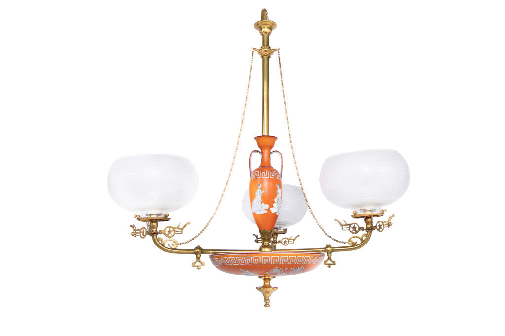 Decorated Minton Porcelain,  Brass And Etched Glass Three Light Default