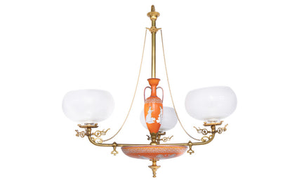 Decorated Minton Porcelain,  Brass And Etched Glass Three Light Default