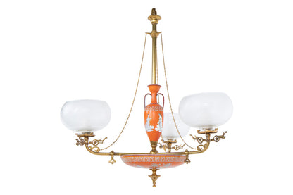 Decorated Minton Porcelain,  Brass And Etched Glass Three Light Default