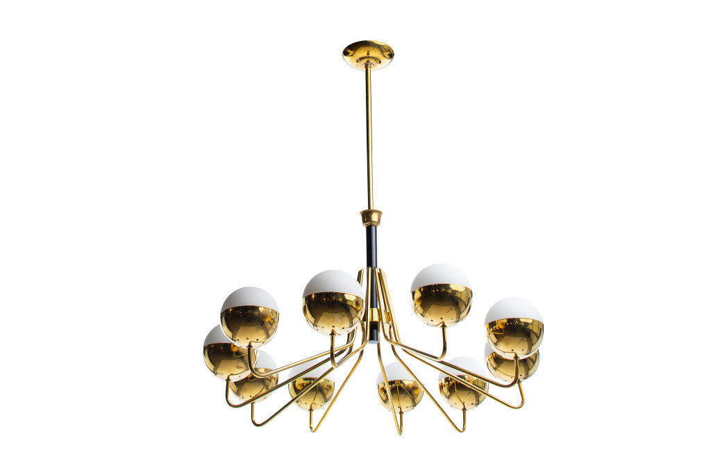 Polished Brass And Frosted Glass Ten Light Chandelier By "STILNO Default