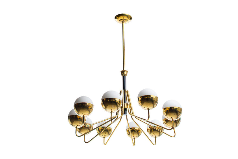 Polished Brass And Frosted Glass Ten Light Chandelier By 