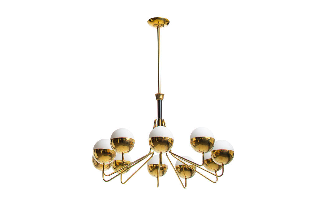 Polished Brass And Frosted Glass Ten Light Chandelier By "STILNO Default
