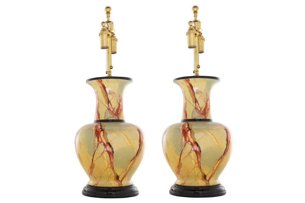 Ceramic Faux Marble Glazed Lamps On Black Painted Wood Bases, 20 Default