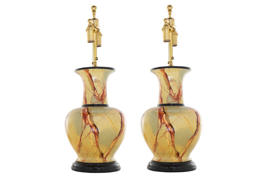 Ceramic Faux Marble Glazed Lamps On Black Painted Wood Bases, 20 Default