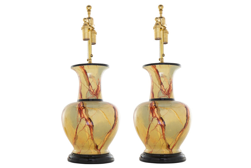 Ceramic Faux Marble Glazed Lamps On Black Painted Wood Bases, 20