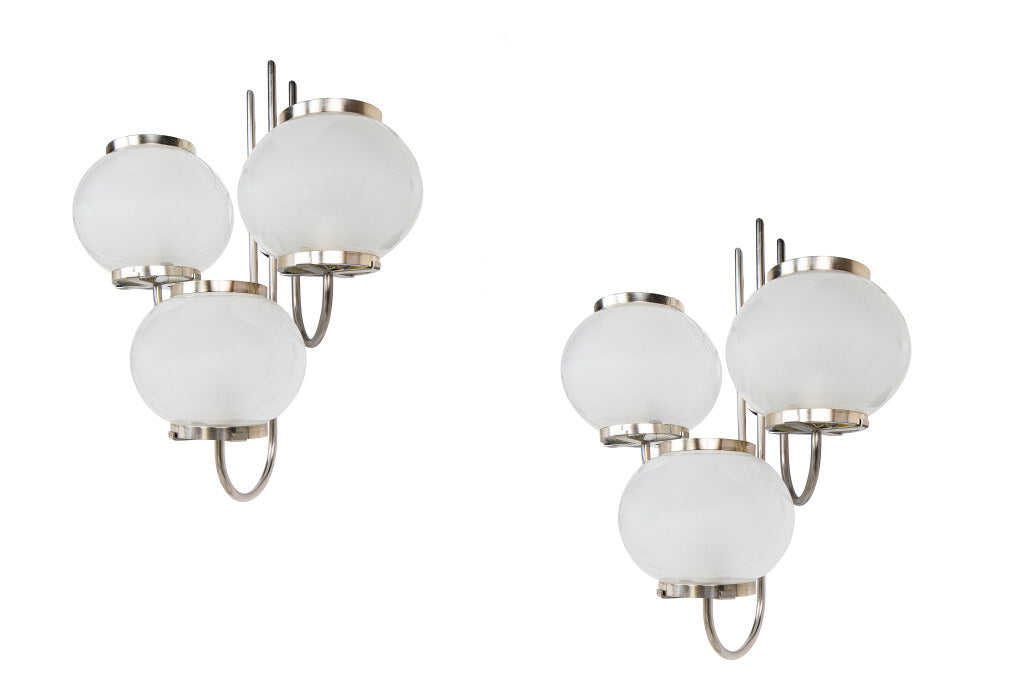 Chrome And Frosted Glass Three Light Sconces, Italy Mid 20th Cen Default