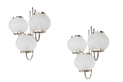 Chrome And Frosted Glass Three Light Sconces, Italy Mid 20th Cen Default
