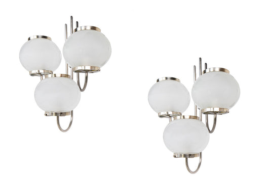 Chrome And Frosted Glass Three Light Sconces, Italy Mid 20th Cen Default