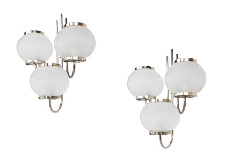 Chrome And Frosted Glass Three Light Sconces, Italy Mid 20th Cen