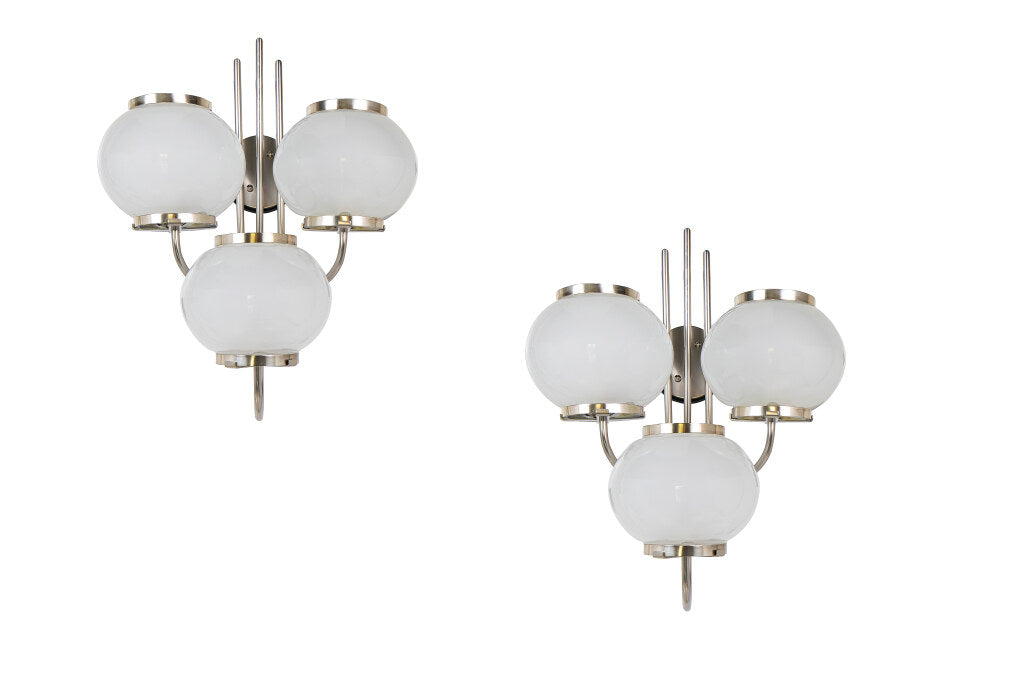 Chrome And Frosted Glass Three Light Sconces, Italy Mid 20th Cen Default