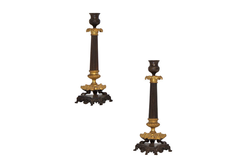 Gilt And Black Bronze Louis Philippe Candlesticks, France 19th C