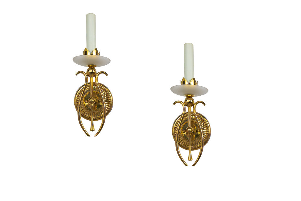 Polished Brass And Frosted Glass One Light Sconces, Italy Mid 20 Default